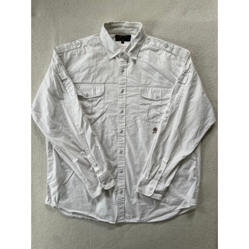 Vtg 90s Tommy Hilfiger Mens XXL Shirt White Ripstop Utilty Cotton Button Down